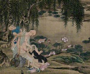A Man Enjoying an Erotic Dalliance with Two Boys, Seated on the Bank of a Pond with Lilies beneath a Willow Tree