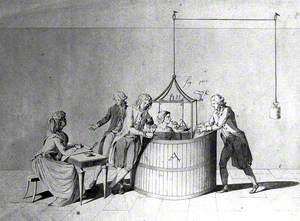 A Man Seated in a Barrel with His Head under a Glass Canopy; He Breathes and His Pulse is Taken; Lavoisier Dictates to His Wife Who is Writing a Report