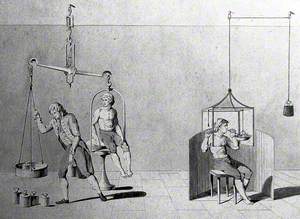 A Man Being Weighed on a Set of Scales, and a Man with His Head in a Glass Container; Showing Lavoisier's Experiments with Respiration
