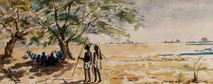 Men with Spears Walking Past Tree with Figures Sitting in the Shade