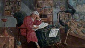 An Alchemist Concentrates on a Book in His Study, while Death next to Him Tells Him, 'My Dear Herr Collaborator, You Are Too Hardworking'