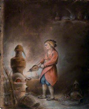 An Alchemist in a Short Orange Gown Blowing Bellows into a Still with an Alembic