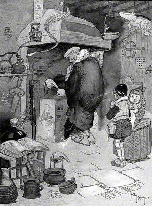Two Children Wait Nervously while an Alchemist Secretively Concocts a Mixture at His Stove
