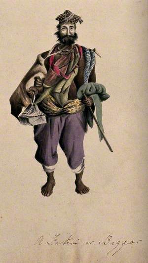 A Barefoot Man Wearing a Cloak, Hat and Beads: He Is Carrying a Stick