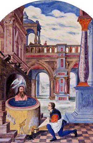 A Christ-Like Figure Seated in a Boiling Vat While a Man Works a Bellows beneath It; Representing the Process of Self-Destruction in Order to Attain the Elixir of Life