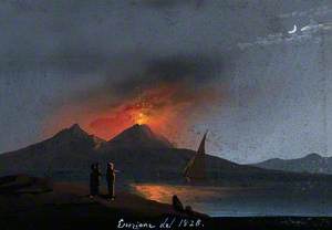 Mount Vesuvius in Eruption at Night, Showing the Bay of Naples in the Foreground with a Sailing Boat, and Spectators on the Opposite Shore