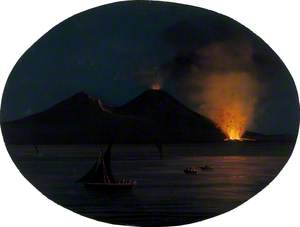 Mount Vesuvius at Night, Showing an Eruption of Smoke, Fire and Lava at Its Base, with Boats on the Bay of Naples in the Foreground