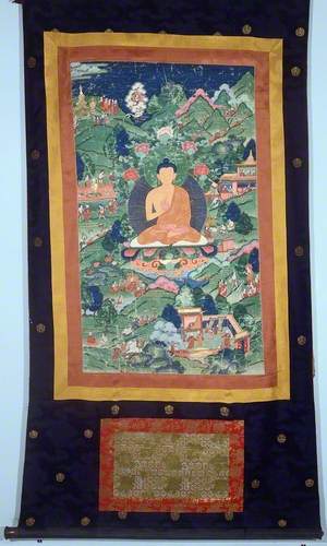 The Buddha Sakyamuni Seated on a Lotus in a Landscape Containing Scenes of His Life and Death