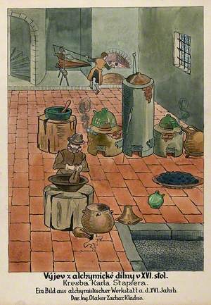 Alchemy: A Workshop with Furnaces and Apparatus, the Alchemist in the Foreground Tying Up a Leather Bag