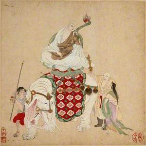 A Buddhist Master (?) Enthroned on an Elephant Being Presented with a Sword-Like Object by a Man and Woman