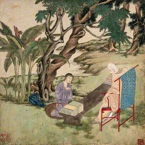A Buddhist Master (?) Sitting on a Chair under a Tree with Books Laid Out on a Table while a Young Pupil Kneels before Him