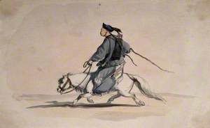 A Chinese Soldier Bearing Weapons on His Back, on Horseback
