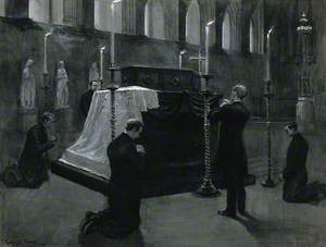 The Coffin of W. E. Gladstone Lying in State in Westminster Hall, Attended by Five Men Praying
