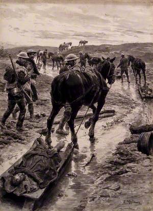 First World War: A Horse Is Removing a Wounded Man on a Sledge