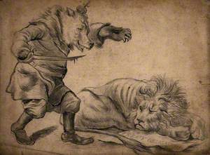 A Bear Sporting a Crown and Holding a Sword Is about to Attack a Lion Lying on a Sheet of Paper