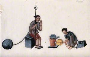 Two Chinese Prisoners, Shackled to Large Weights: One Prisoner Sits on a Tea Bench, while the Other Fans the Flames of a Small Furnace