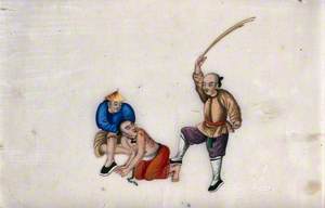 A Chinese Prisoner Being Subjected to a Flogging: The Prisoner Is Shown Being Held in a Kneeling Position by One Man, while Another Administers Lashes to His Back