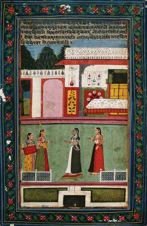 Two Women Beckoning Two Musicians with a Sitar (?) and a Tabla (?)