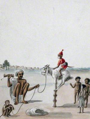 A Man Conducting a Monkey Show on the Street Watched by Some Children