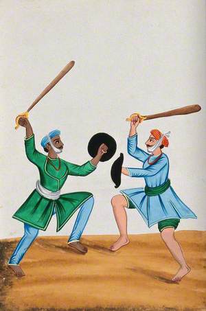 Two Sikh Men Dueling with Wooden Swords
