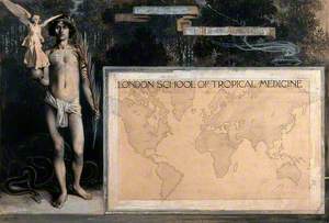Design for a Diploma Awarded by the London School of Tropical Medicine: Young Man Holding a Palm and a Winged Figure Is Standing by a Map of the World