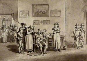 A Countrywoman Is Telling the Fortune of a Young Artist at the Entrance to a Chapel while Two Other Artists Walk Past on the Right
