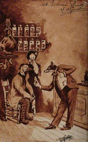 A Pharmacy: The Pharmacist (a Fox) Tries to Sell Medicines to a Customer in Pain (a Duck) Accompanied by His Wife