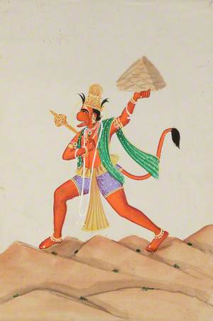 Hanuman, the Monkey God, Holds a Mace in His Right Hand, and a Himalayan Mountain with the Herb Sanjeevani in His Left