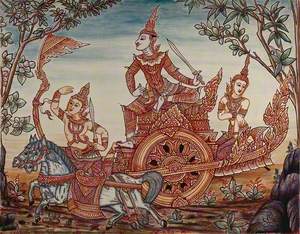 A Scene from ‘Ramakian‘ or ‘Ramayana’, the Indian Epic: Rama Riding on Top of a Chariot Holding a Sword Along with Lakshman and Sita (?)