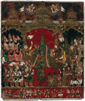 Shri Rama Sitting with His Wife Sita and His Devotee Hanuman Holding His Foot