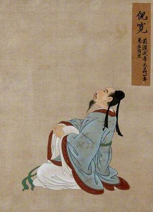 A Seated Chinese Figure, Profile View, Wearing Pale Blue Robes with Light Brown Border