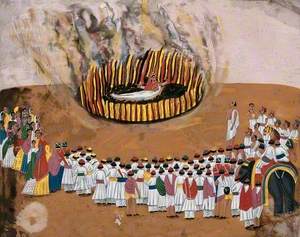 Sati (Suttee): A Widow Immolating Herself on Her Husband's Funeral Pyre as a Group of People Look On