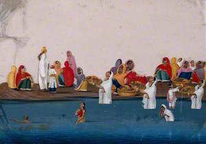 People Bathing and Praying in the Ganges while a Group of Women Sit on the Shore Selling Religious Items