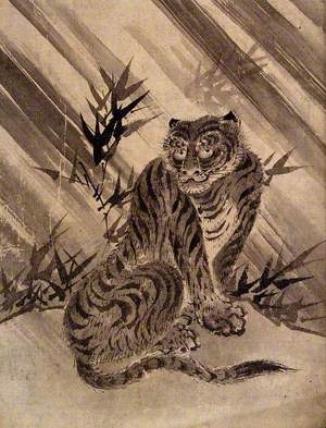 A Tiger Resting in front of Bamboo Trees