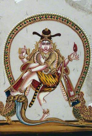 Four-Armed Shiva Dancing on a Snake around a Ring of Flames