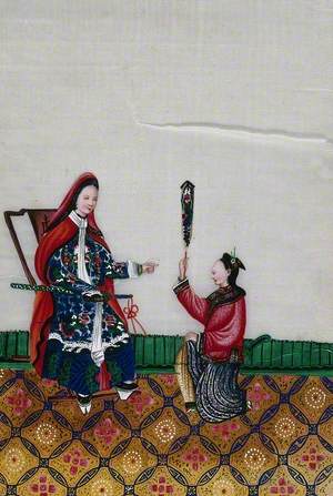 A Seated Chinese Lady with Sword Receives a Woman Who Kneels in front of Her with Decorated Pageant