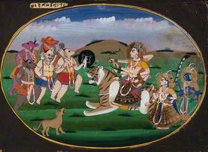 Devi Durga on a Tiger Draws Her Bow and Arrow to Battle the Demons Chand and Mund (?)