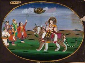 Devi (Durga) Seated on a Tiger Facing a Group of Musicians and a Dancing Girl Who Waves to a Bird (?) in the Sky Carrying Three People