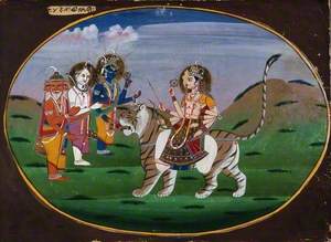 Devi (Durga) Seated on a Tiger before Shiva, Vishnu and Brahma