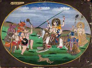 Devi (Durga) Seated on a Tiger, Along with Two Other Goddesses, Prepares to Battle the Five Demons