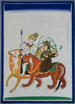 Shiva Riding on the Bull Nandi and Durga Riding a Tiger