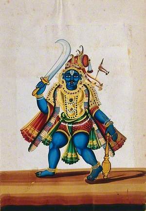 A Blue-Skinned Figure Carrying a Sword and a Mace
