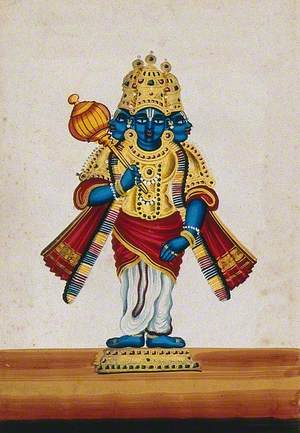 A Three-Headed, Blue-Skinned Statue of an Indian Deity, Vishnu (?), Holding a Mace