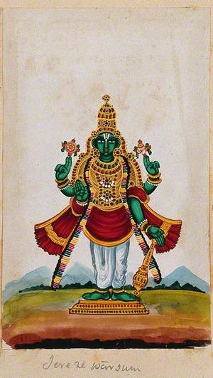 Lord Vishnu Holding a Discus, Conch and a Mace in Each Hand, with the Fourth Hand Raised in a Abhaya Mudra