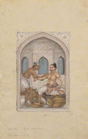 A Masseur Massaging the Arm of a Man Who Is Sitting on a Low Stool, with a Leg Immersed in a Brass Basin