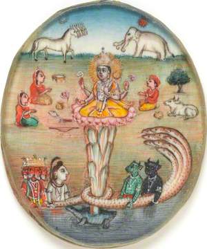 The Churning of the Ocean by Gods and Demons to Retrieve the Nectar of Immortality; below, Lord Vishnu's Avatar as Kurma, the Tortoise