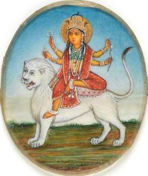 The Goddess Durga, with Four Arms, Riding on a White Lion