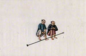 Two Chinese Prisoners with Their Ankles Bound to a Metal Bar, Squat on the Ground