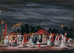 A Wedding Procession by Night; a Groom Sitting in a Palanquin, Preceded by Musicians, Torchbearers, Guards and Attendants