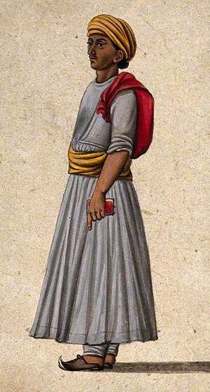 An Attendant Wearing Lucknow-Style Clothing Holding a Red Book